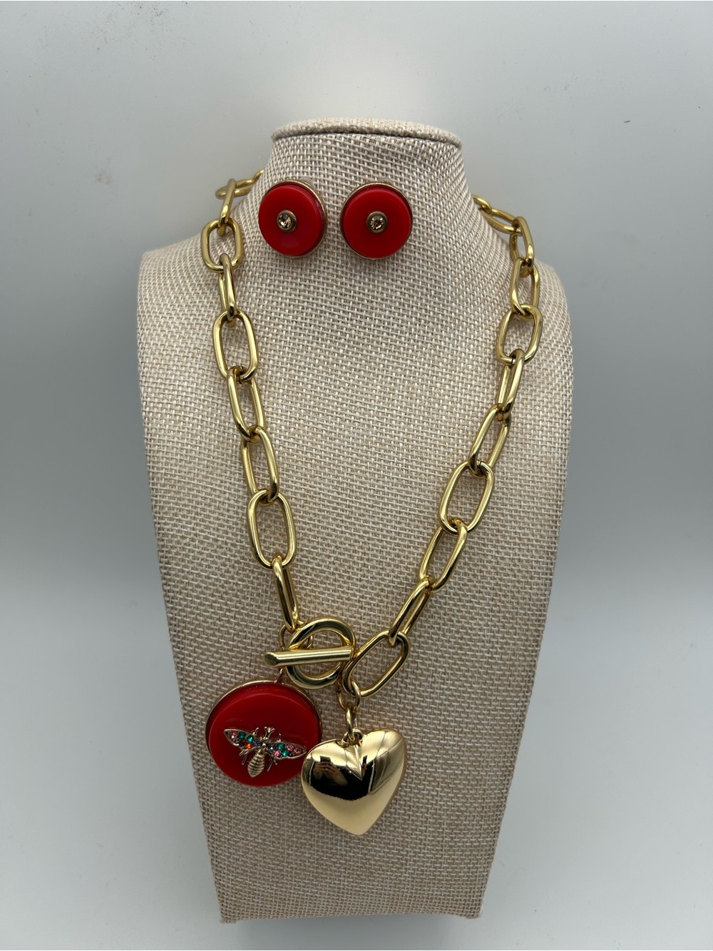Gold-Tone Chain Necklace with Red Medallion Bee and Heart Charm